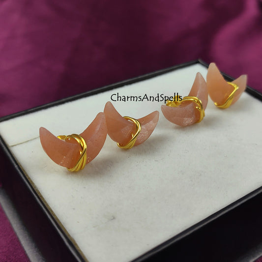 Peach Moonstone Moon Stud Earrings | Natural Gemstone Jewelry