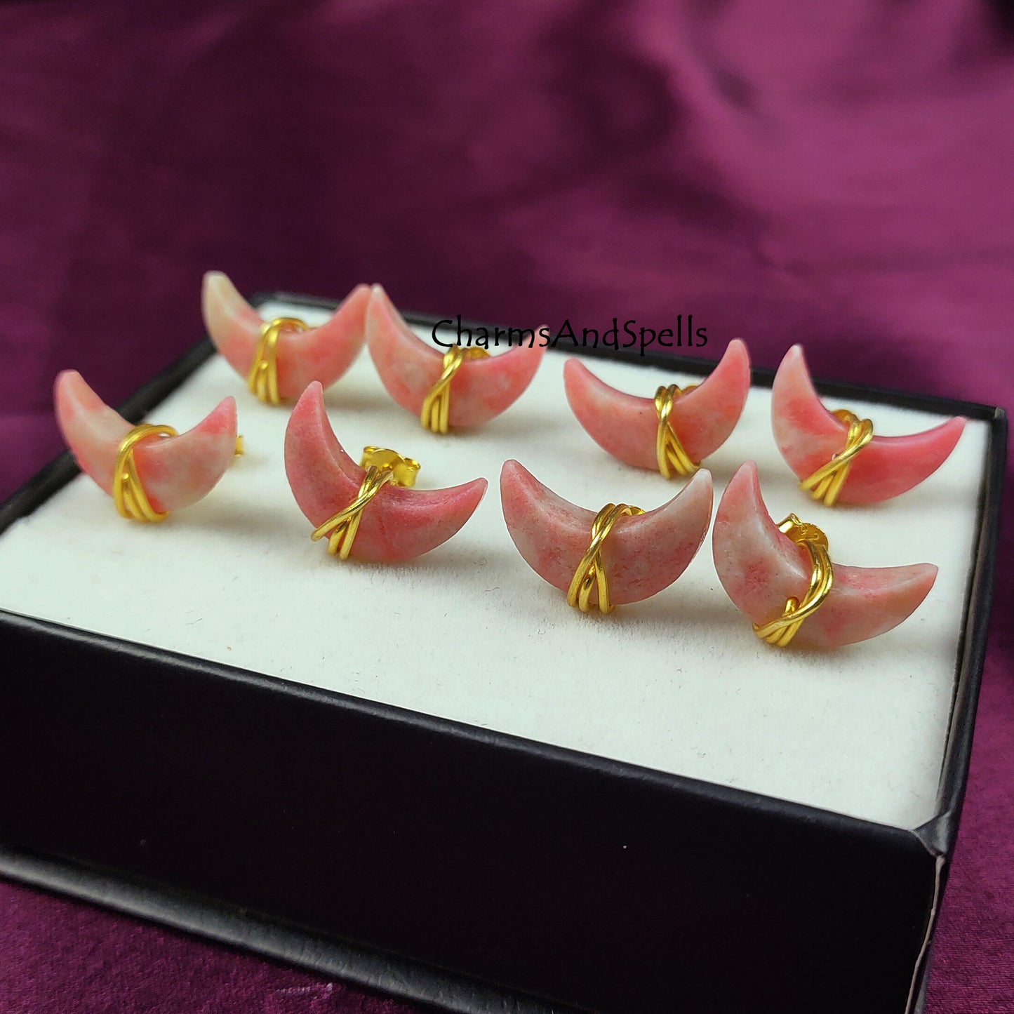 Thulite Crescent Moon Earring Studs, Thulite Earrings, Pink Thulite Earring, Love Stone, New Beginning, Gift For Women, Mother's Day Gift