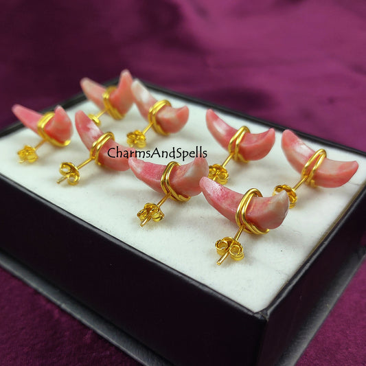 Pink Thulite Crescent Moon Stud Earrings | Natural Gemstone Jewelry