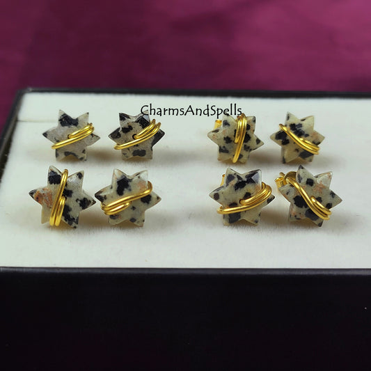 Dalmatian Jasper Star Stud Earrings | Natural Gemstone Healing Jewelry