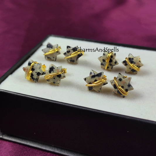 Dalmatian Jasper Star Stud Earrings | Natural Gemstone Healing Jewelry