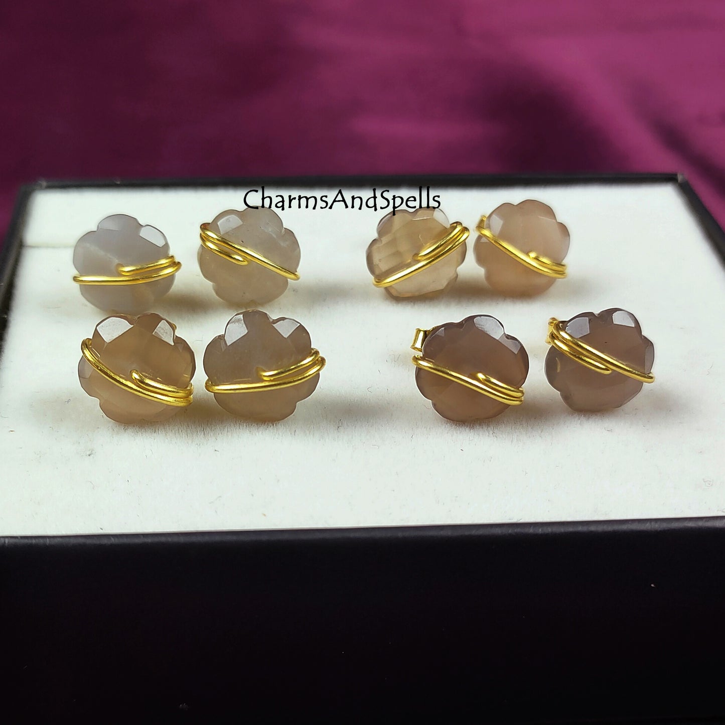 Natural Chocolate Moonstone Studs Earrings, Flower Moonstone Studs Earrings, Gemstone Studs, Chocolate Moonstone, For Women, Moonstone Studs