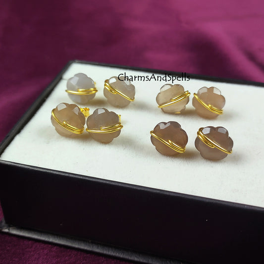 Chocolate Moonstone Flower Stud Earrings | Natural Gemstone Jewelry
