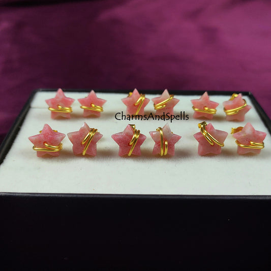 Natural Thulite Star Stud Earrings | Pink Gemstone Wire Wrap Jewelry