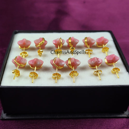 Natural Thulite Star Stud Earrings | Pink Gemstone Wire Wrap Jewelry