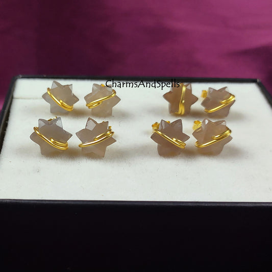 Gray Moonstone Star Stud Earrings | Natural June Birthstone Jewelry