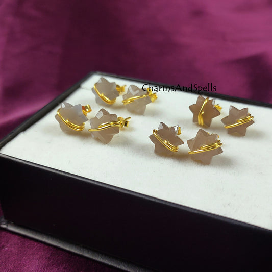 Gray Moonstone Star Stud Earrings | Natural June Birthstone Jewelry