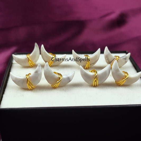White Howlite Moon Stud Earrings | Natural Gemstone Gold Plated Jewelry