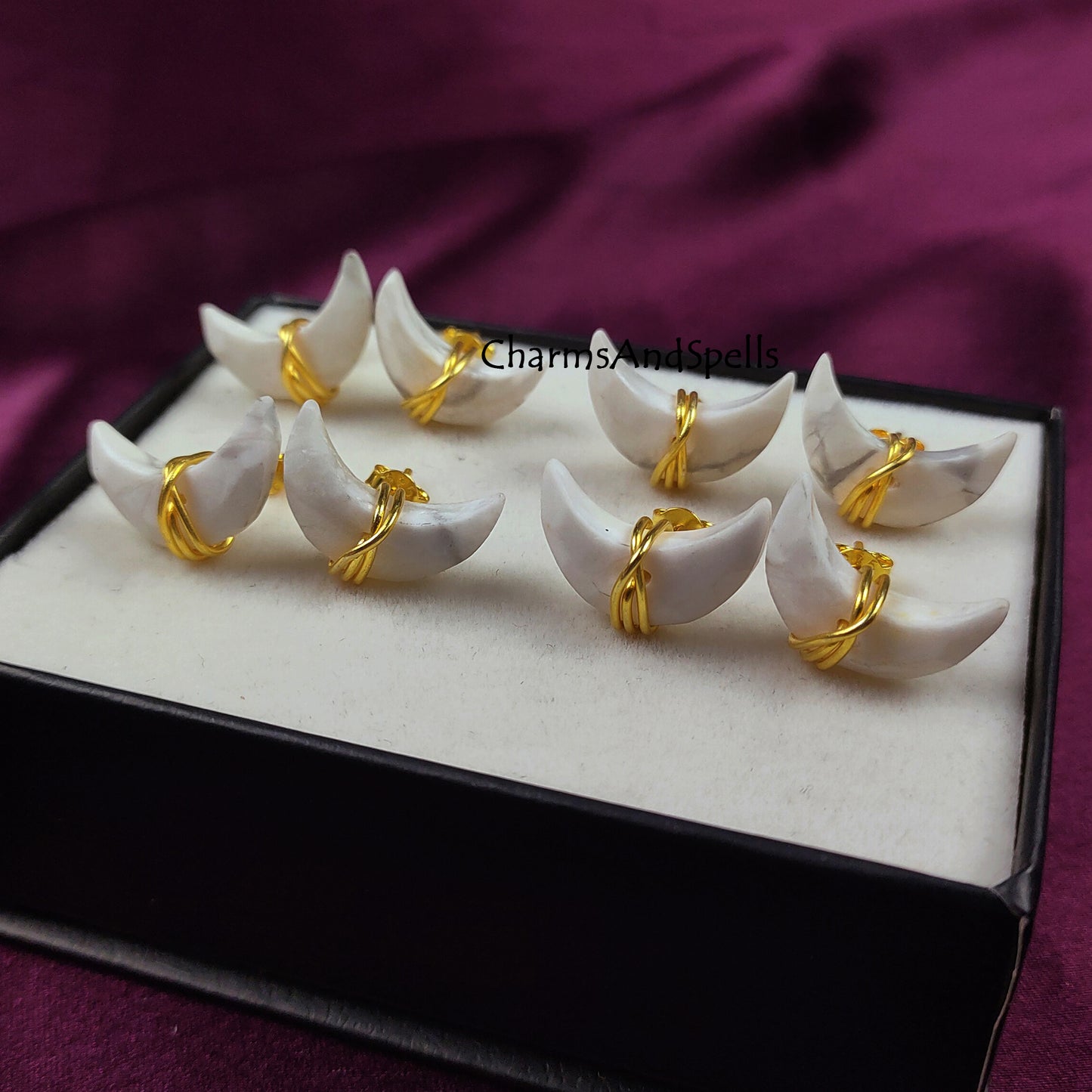 Howlite Stud Earrings, Gold Plated Gemstone Studs, Natural White Howlite Statement Earrings, Moon Shape Gemstone Studs, Gift For Mother