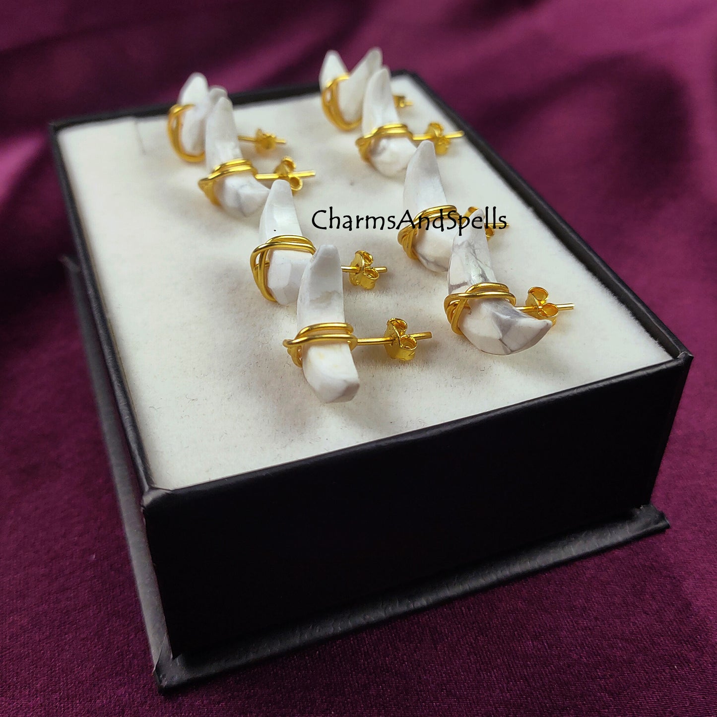 Howlite Stud Earrings, Gold Plated Gemstone Studs, Natural White Howlite Statement Earrings, Moon Shape Gemstone Studs, Gift For Mother