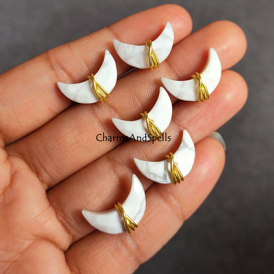 White Howlite Moon Stud Earrings | Natural Gemstone Gold Plated Jewelry