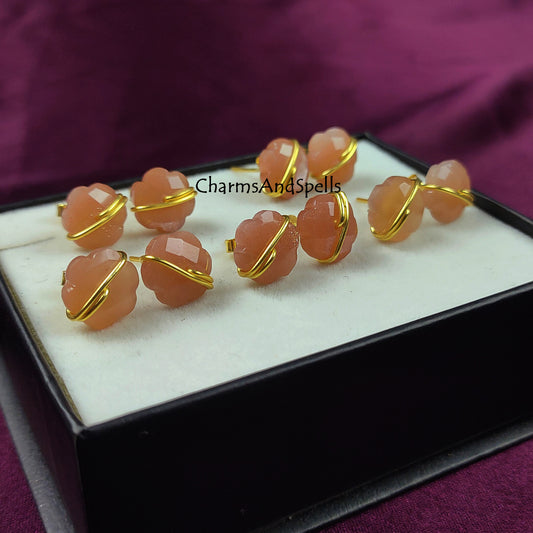 Peach Moonstone Flower Stud Earrings | Boho Gemstone Jewelry