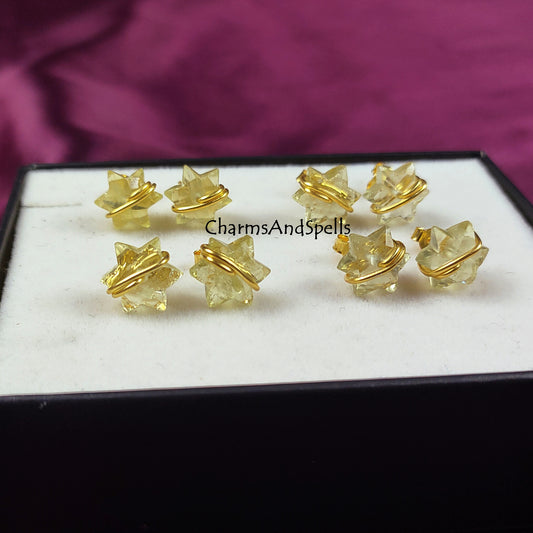 Natural Lemon Quartz Star Stud Earrings | Yellow Gemstone Wire Wrap Jewelry