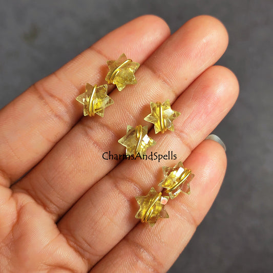 Natural Lemon Quartz Star Stud Earrings | Yellow Gemstone Wire Wrap Jewelry