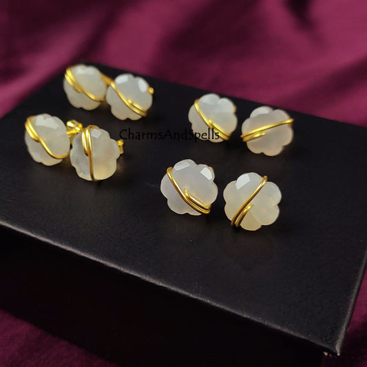 White Moonstone Flower Stud Earrings | Boho Wire Wrap Gemstone Jewelry
