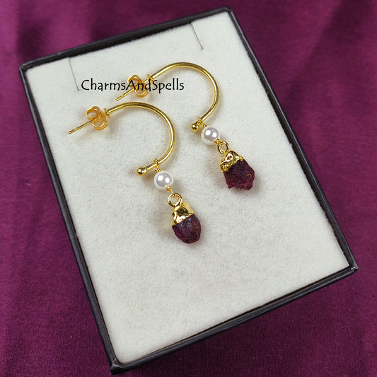 Natural Raw Ruby Dangle Earrings | Boho Pink Semi-Precious Stone