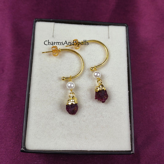 Natural Raw Ruby Dangle Earrings | Boho Pink Semi-Precious Stone