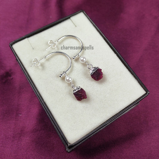 Natural Raw Ruby Dangle Earrings | Boho Semi-Precious Pink Stone
