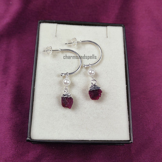 Natural Raw Ruby Dangle Earrings | Boho Semi-Precious Pink Stone