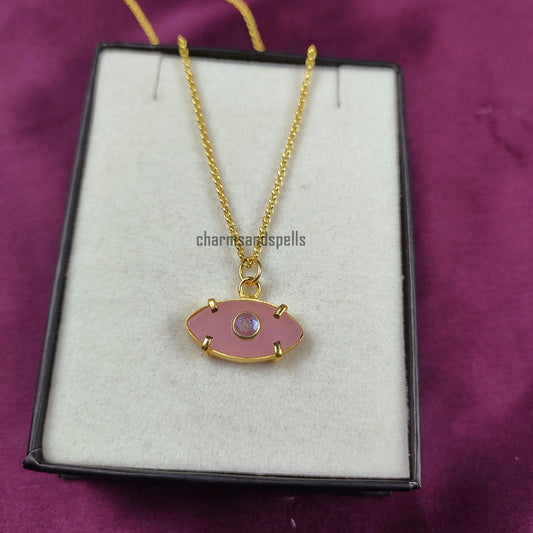 Pink Chalcedony Evil Eye Necklace | Labradorite Pendant | Boho Protection