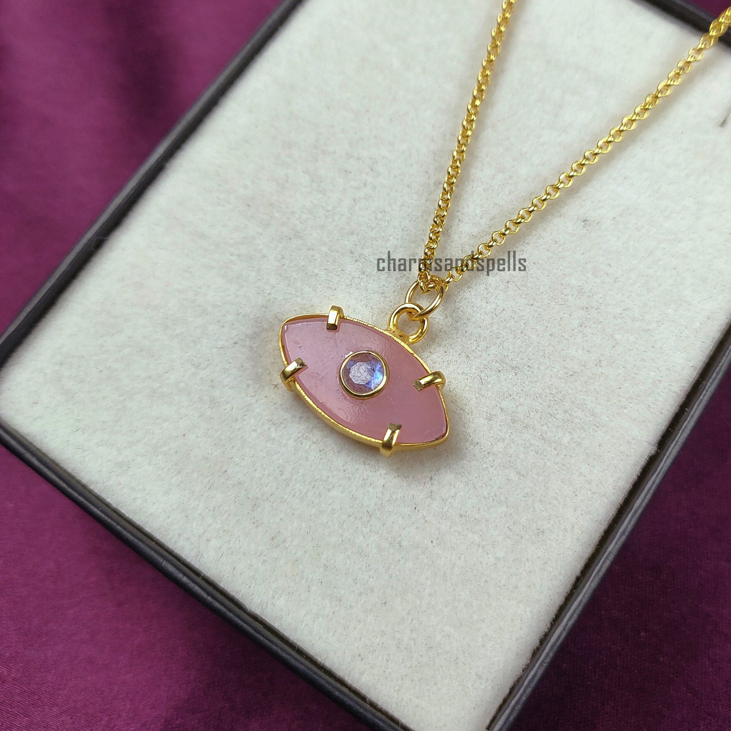 Pink Chalcedony Evil Eye Necklace | Labradorite Pendant | Boho Protection