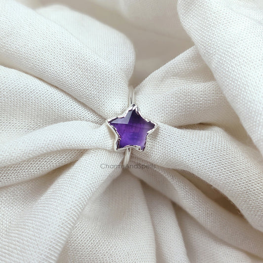Natural Purple Amethyst Star Ring | Electroplated Boho Ring