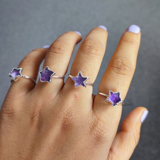 Natural Purple Amethyst Star Ring | Electroplated Boho Ring