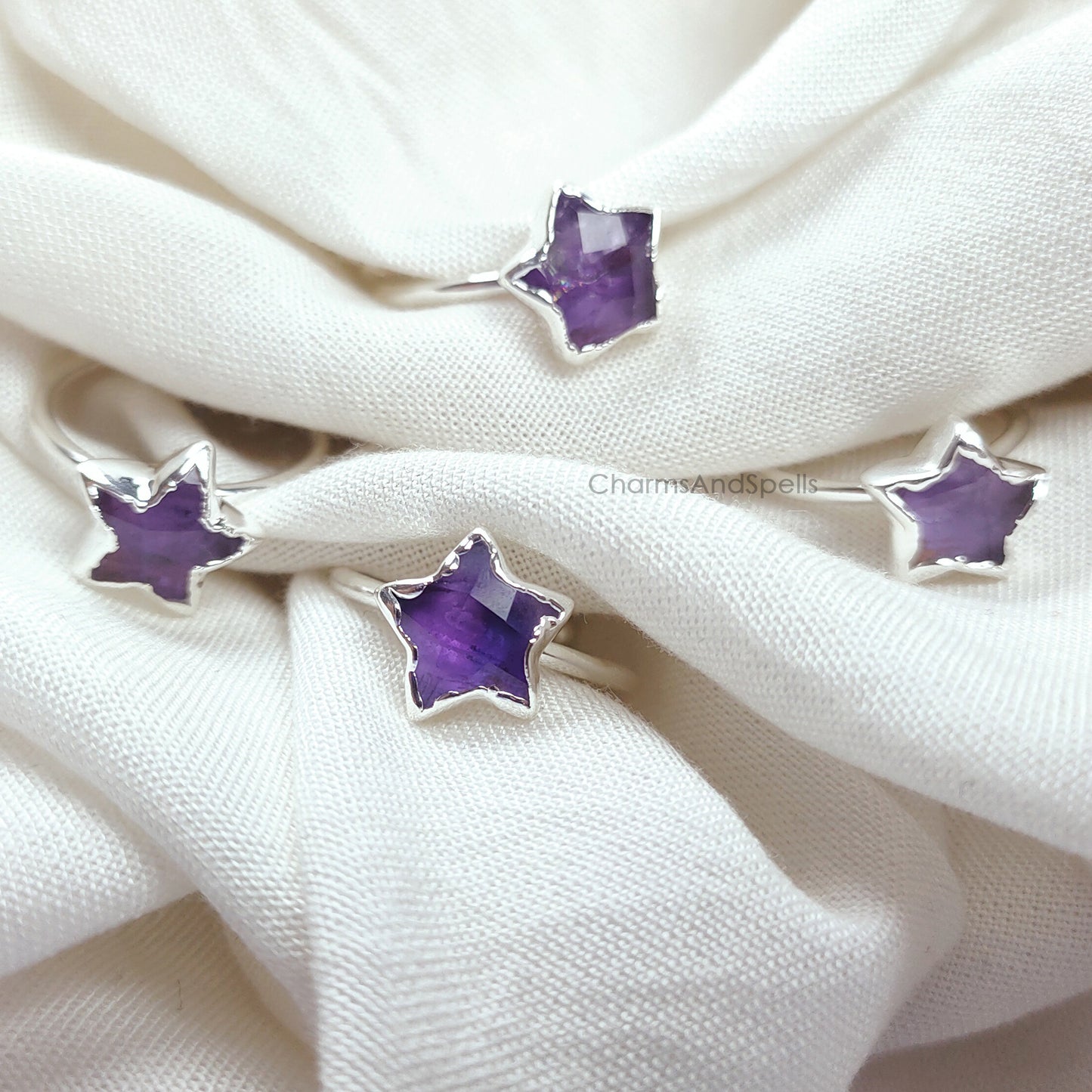 Natural Purple Amethyst Star Ring