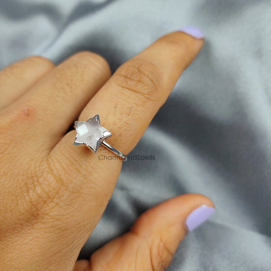 Natural Pink Rose Quartz Ring | Electroplated Star Shape | Handmade Women Jewelry