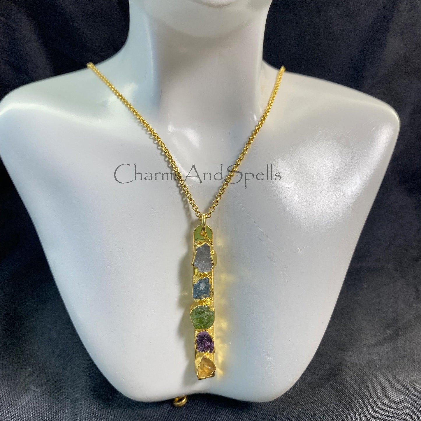 Raw Rainbow Moonstone Necklace, Raw Aquamarine Necklace, Chakra Gemstone Necklace, Peridot Necklace, Tourmaline Necklace, Citrine Necklace - Charms And Spells