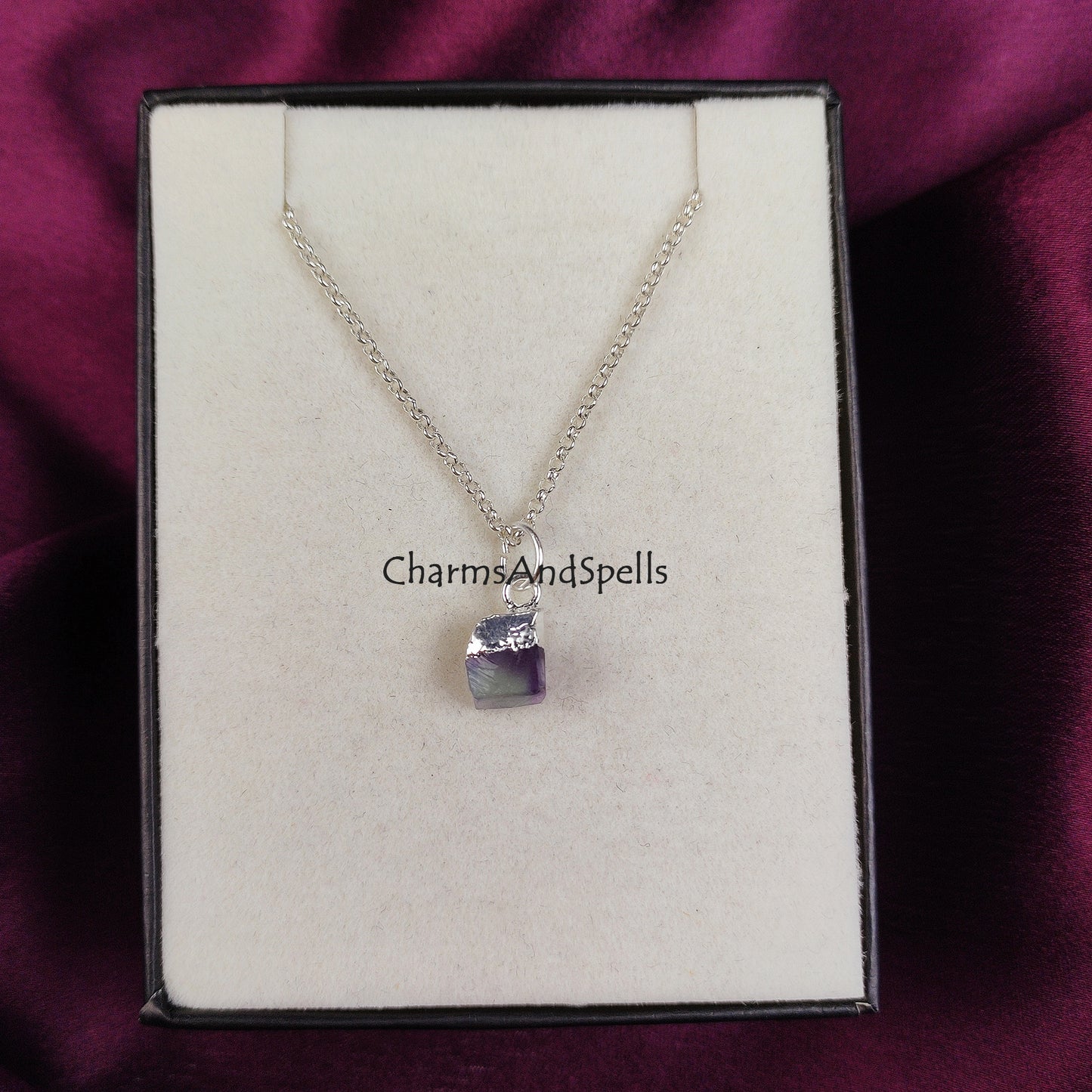 Raw Fluorite Necklace | Green Crystal Pendant Silver Plated Gemstone Jewelry