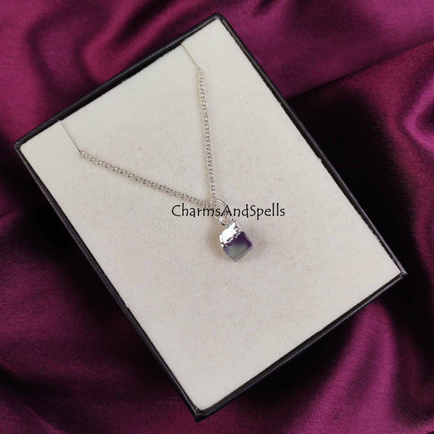 Raw Fluorite Necklace | Green Crystal Pendant Silver Plated Gemstone Jewelry