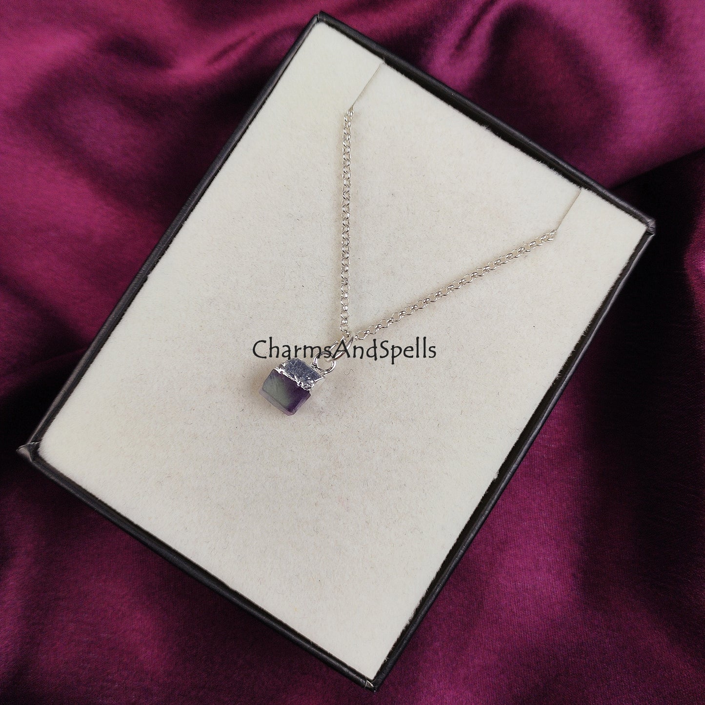 Raw Fluorite Necklace | Green Crystal Pendant Silver Plated Gemstone Jewelry