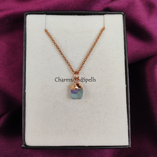 Raw Fluorite Necklace | Rainbow Crystal Pendant Rose Gold Plated Jewelry