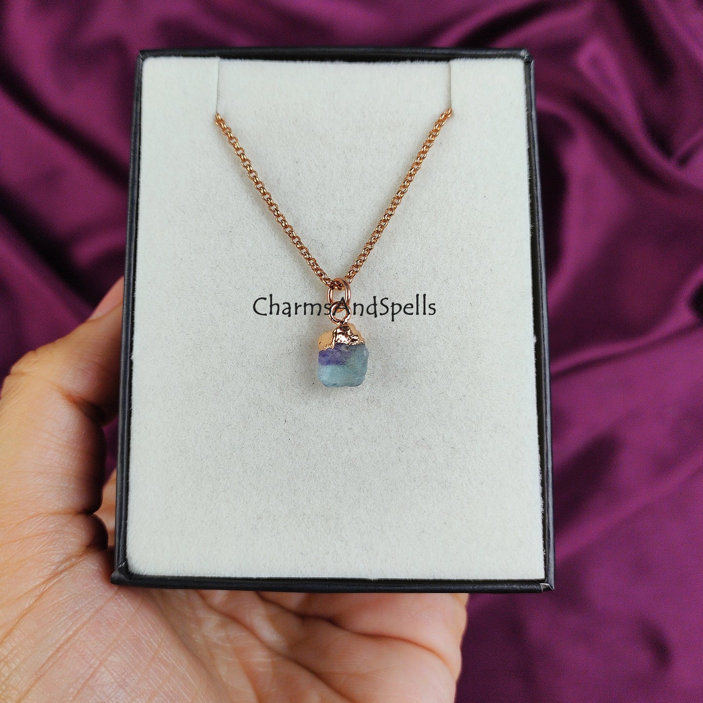 Raw Fluorite Necklace | Rainbow Crystal Pendant Rose Gold Plated Jewelry