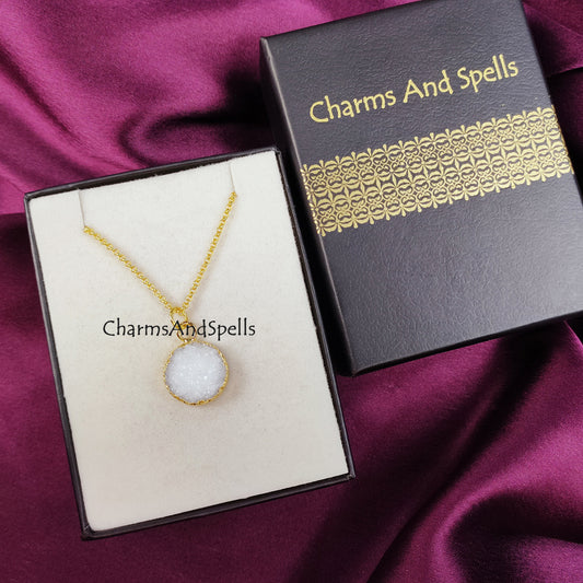 White Druzy Necklace | Angel Crystal Druzy Pendant Clear Gemstone Chain Jewelry