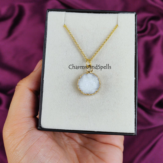 White Druzy Necklace | Angel Crystal Druzy Pendant Clear Gemstone Chain Jewelry