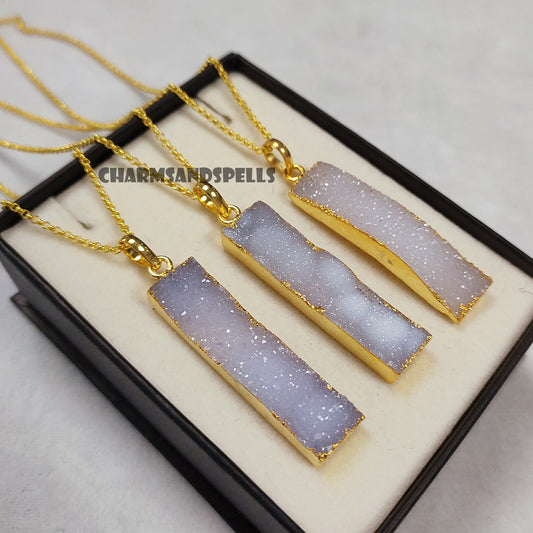 White Sugar Druzy Bar Necklace | Dainty Electroplated Handmade Jewelry