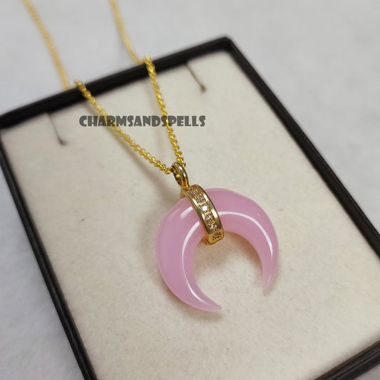 Pink Chalcedony Moon Necklace, American Diamond Crescent Moon, 14K Gold Plated Gemstone Necklace, Christmas Gift, Sky Gift,Black Friday Sale