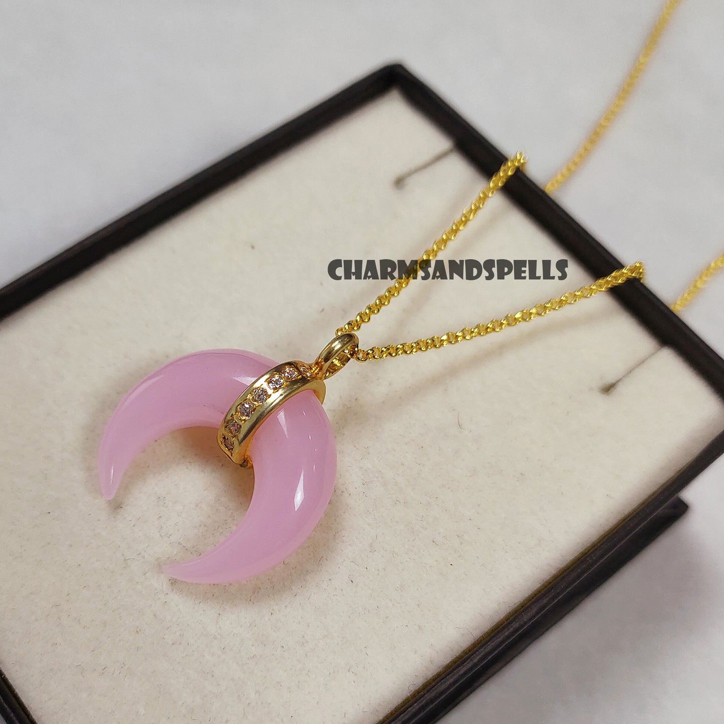 Pink Chalcedony Moon Necklace, American Diamond Crescent Moon, 14K Gold Plated Gemstone Necklace, Christmas Gift, Sky Gift,Black Friday Sale