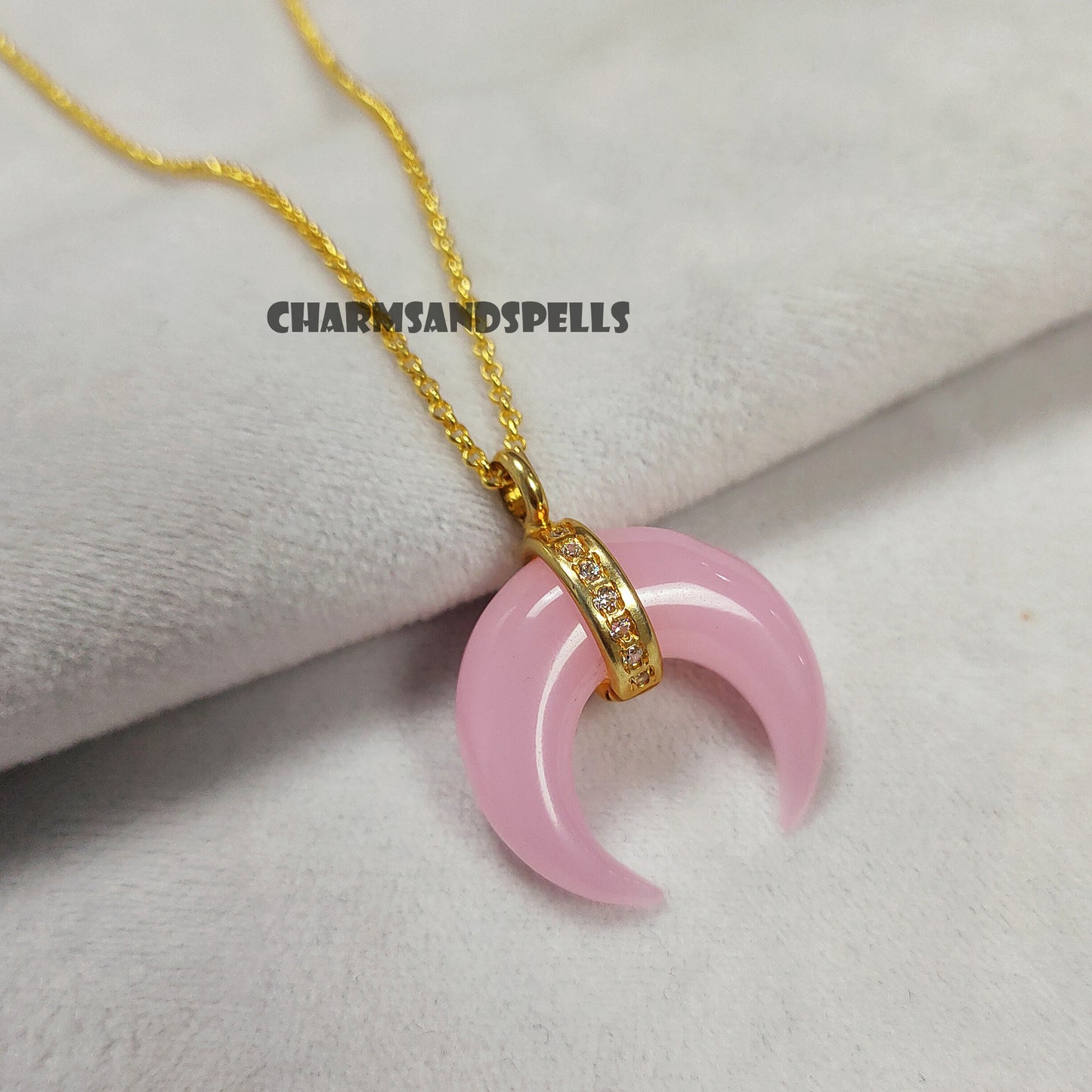 Pink Chalcedony Moon Necklace, American Diamond Crescent Moon, 14K Gold Plated Gemstone Necklace, Christmas Gift, Sky Gift,Black Friday Sale