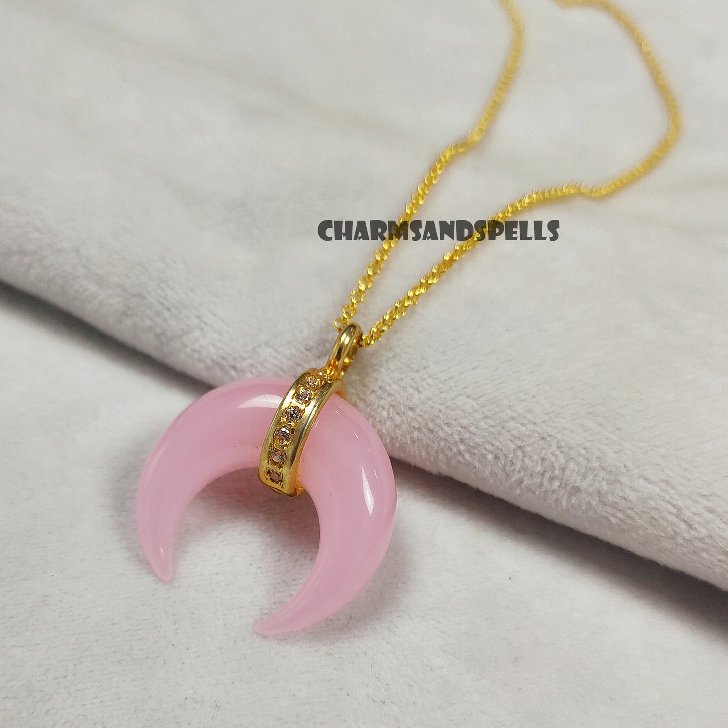 Pink Chalcedony Moon Necklace, American Diamond Crescent Moon, 14K Gold Plated Gemstone Necklace, Christmas Gift, Sky Gift,Black Friday Sale