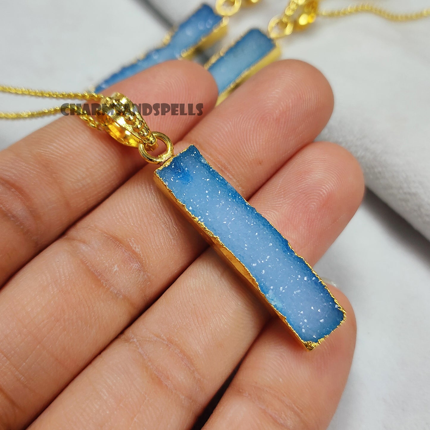 Blue Sugar Druzy Necklace, Vertical Bar Necklace for Women, Vintage Look Necklace, Gold Plated Necklace, Bar Shape Jewelry, Christmas Gift