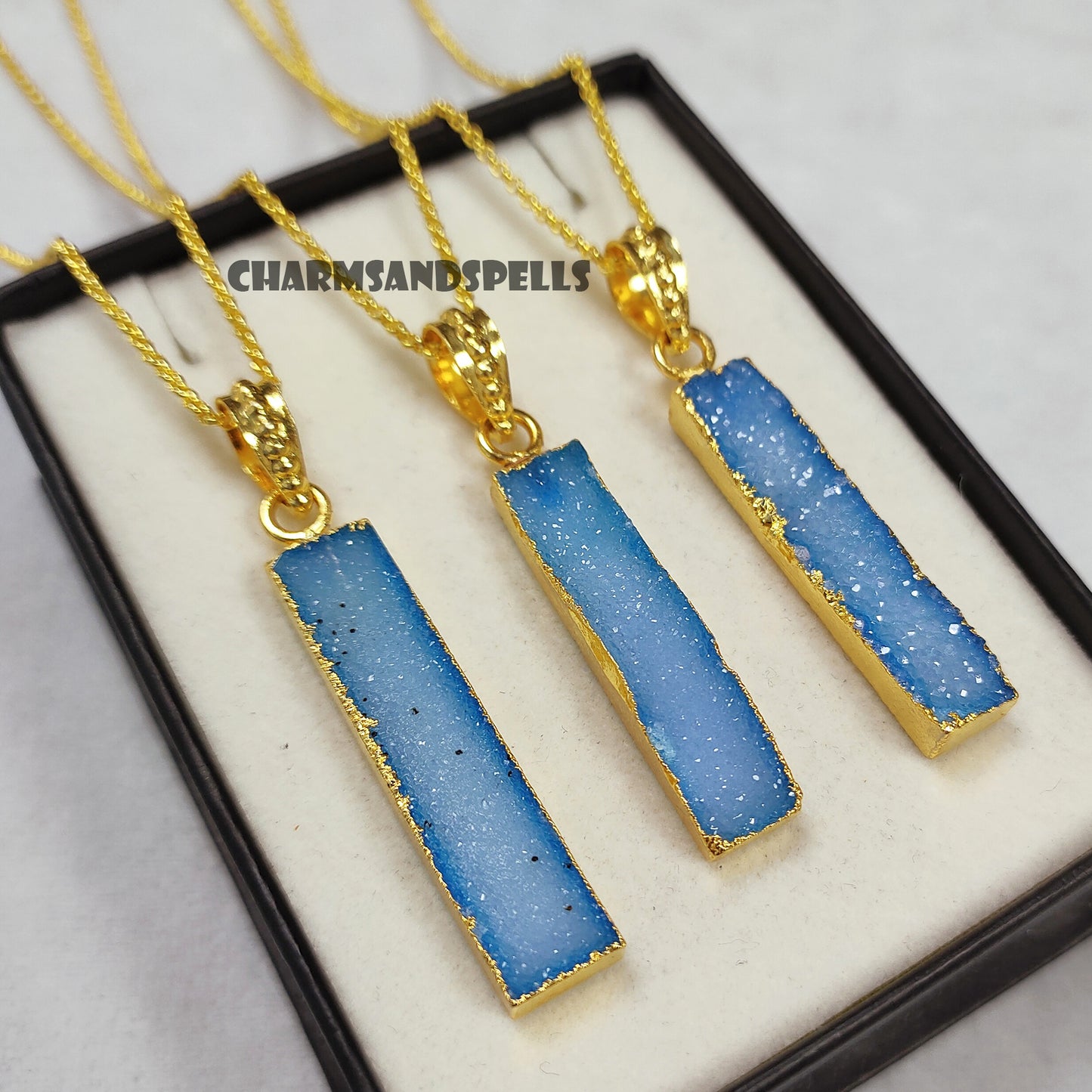 Blue Sugar Druzy Necklace, Vertical Bar Necklace for Women, Vintage Look Necklace, Gold Plated Necklace, Bar Shape Jewelry, Christmas Gift