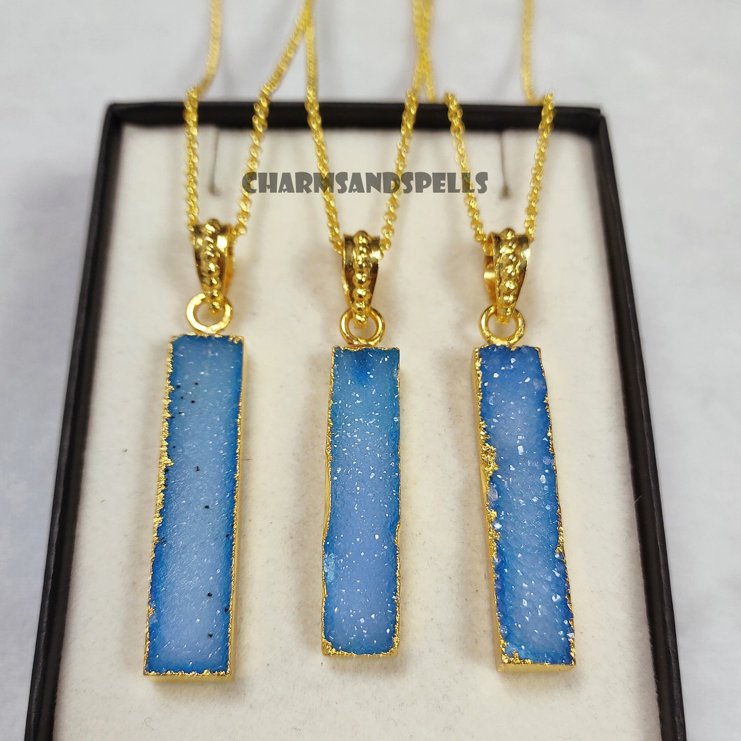 Blue Sugar Druzy Necklace, Vertical Bar Necklace for Women, Vintage Look Necklace, Gold Plated Necklace, Bar Shape Jewelry, Christmas Gift