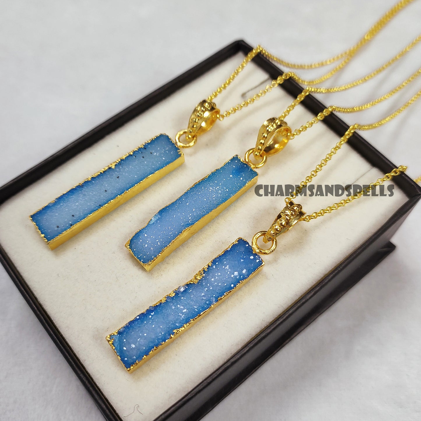 Blue Sugar Druzy Necklace, Vertical Bar Necklace for Women, Vintage Look Necklace, Gold Plated Necklace, Bar Shape Jewelry, Christmas Gift