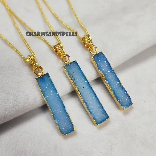 Blue Sugar Druzy Necklace, Vertical Bar Necklace for Women, Vintage Look Necklace, Gold Plated Necklace, Bar Shape Jewelry, Christmas Gift