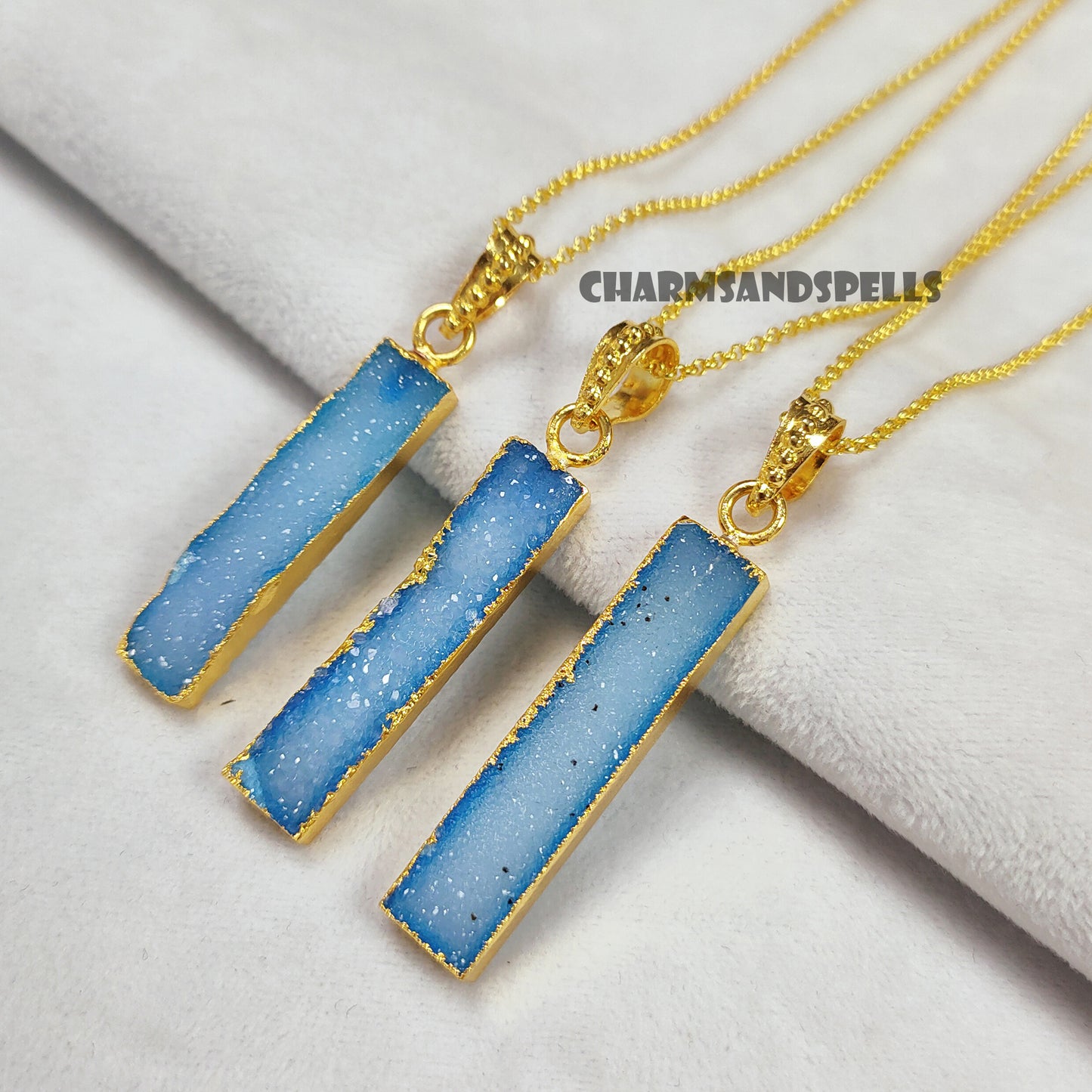 Blue Sugar Druzy Necklace, Vertical Bar Necklace for Women, Vintage Look Necklace, Gold Plated Necklace, Bar Shape Jewelry, Christmas Gift