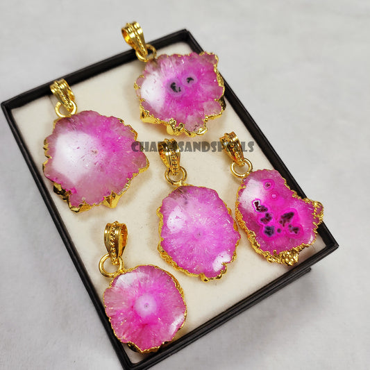 Natural Pink Solar Quartz Gemstone Necklace, Assorted Gold Plated Designer Necklace, Wholesale Pendant For Women, Assorted Crystal Necklace