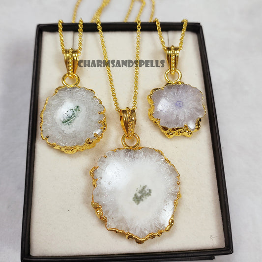 White Solar Quartz Gemstone Pendant Necklace, Unique Jewelry Gift For Anniversary, Gemstone Necklace, Boho Healing Necklace, Birthday Gift